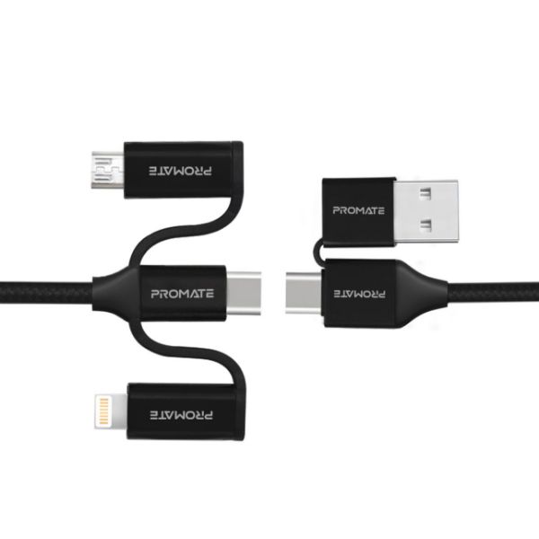 PROMATE PENTAPOWER-BLK - 6-in-1 Hybrid 1.2m Multi Connector Cable for Charging & Data Transfer. 60W PD