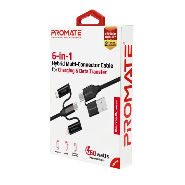 PROMATE PENTAPOWER-BLK - 6-in-1 Hybrid 1.2m Multi Connector Cable for Charging & Data Transfer. 60W PD