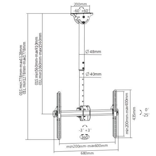 BRATECK PLB-CE946-01L - 37''-70'' Ceiling Mount Bracket Max Load: 50Kgs VESA support up to: 600x400.