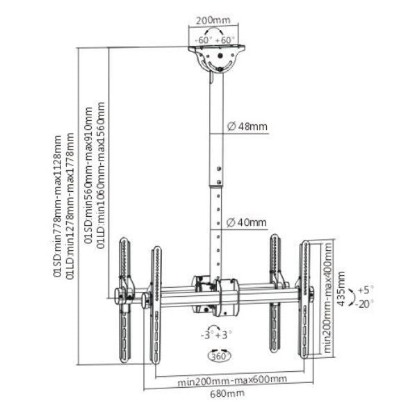 BRATECK PLB-CE946-01LD - 37''-75'' Dual ceiling mount bracket for commercial signage MAX weight 90Kgs (2x45kgs).