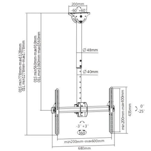 PLB-CE946-01S - BRATECK PLB-CE946-01S - 37''-86'' Ceiling mount bracket Max load: 50Kgs VESA support up to: 600x400.