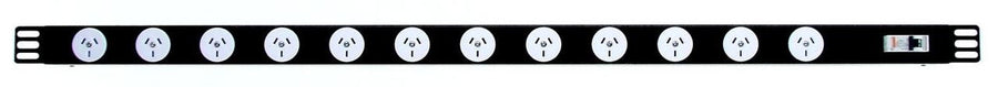RackPower Power Strip: 12 x 10A 3pin outlets, 1m Vertical, 10A 6kA C curve CB, 2m 1mm2 front entry lead to 3 Pin Plug