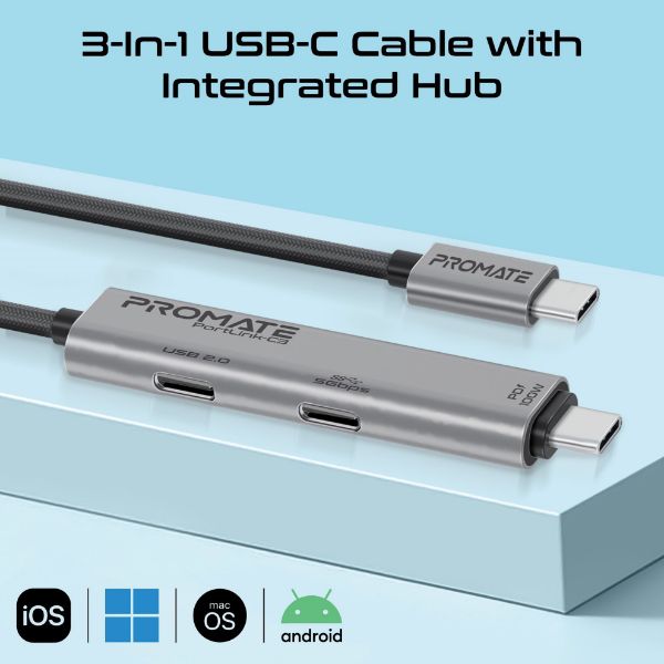 PROMATE PORTLINK-C3 - 1.5m 100W USB-C to USB-C Dual USB-C Port Data & Charge Cable. Supports up to 5Gbps