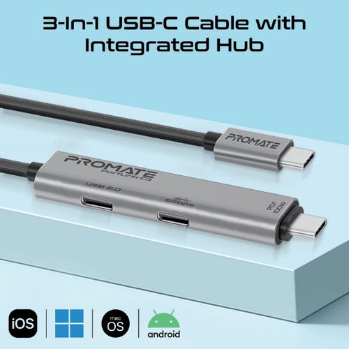 PORTLINK-C3 - PROMATE PORTLINK-C3 - 1.5m 100W USB-C to USB-C Dual USB-C Port Data & Charge Cable. Supports up to 5Gbps