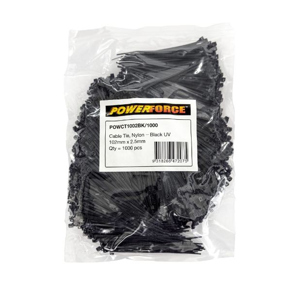 POWERFORCE POWCT1002BK-1000 - 2.5 x 102mm Black UV Cable Ties Pack of 1000 8kgs Tensile Strength