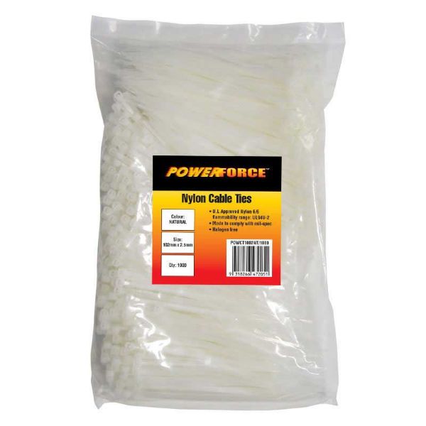 POWERFORCE POWCT1002NT-100 - 2.5 x 102mm Natural Cable Ties Pack of 100 8kgs Tensile Strength