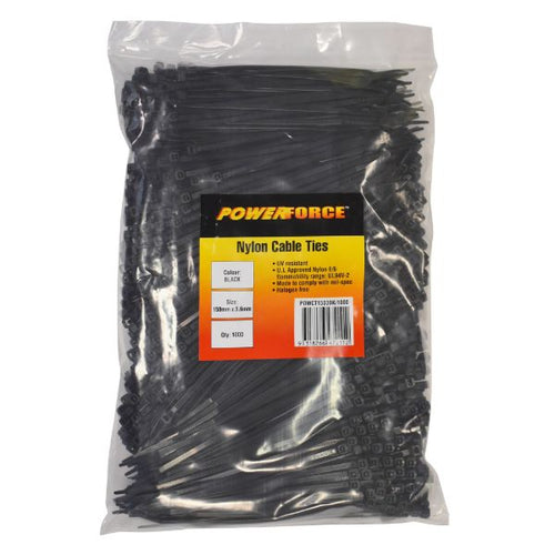 POWCT1503BK-1000 - POWERFORCE POWCT1503BK-1000 - 3.6 x 150mm Black UV Cable Ties Pack of 1000 18kgs Tensile Strength