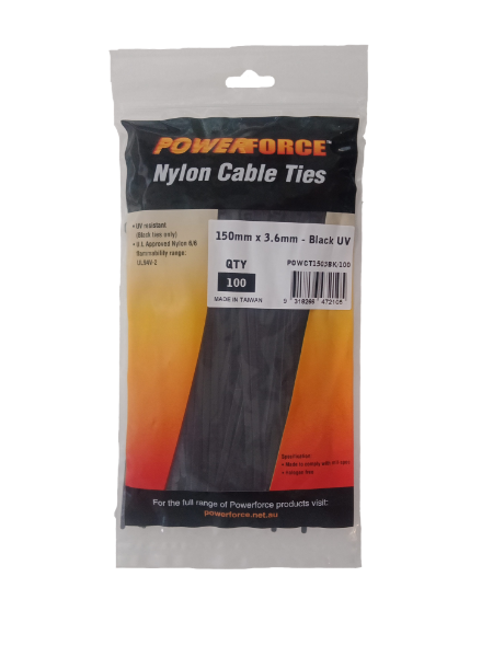 POWERFORCE POWCT1503BK-100 - 3.6 x 150mm Black UV Cable Ties Pack of 100 18kgs Tensile Strength