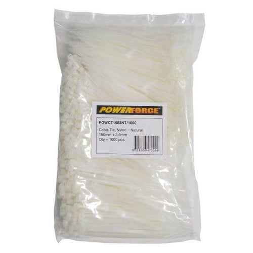 POWCT1503NT-1000 - POWERFORCE POWCT1503NT-1000 - 3.6 x 150mm Natural Cable Ties Pack of 1000 18kgs Tensile Strength
