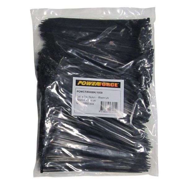 POWERFORCE POWCT2002BK-1000 - 2.8 x 200mm Black UV Cable Ties Pack of 1000 8kgs Tensile Strength