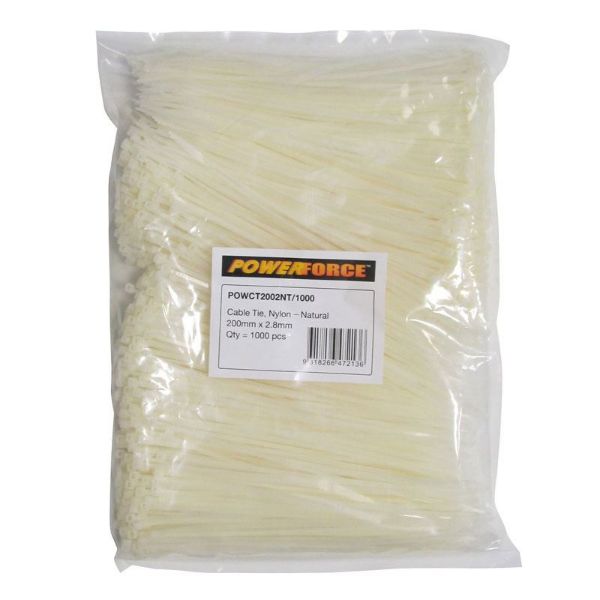 POWERFORCE POWCT2002NT-1000 - 2.8 x 200mm Natural Cable Ties Pack of 1000 8kgs Tensile Strength