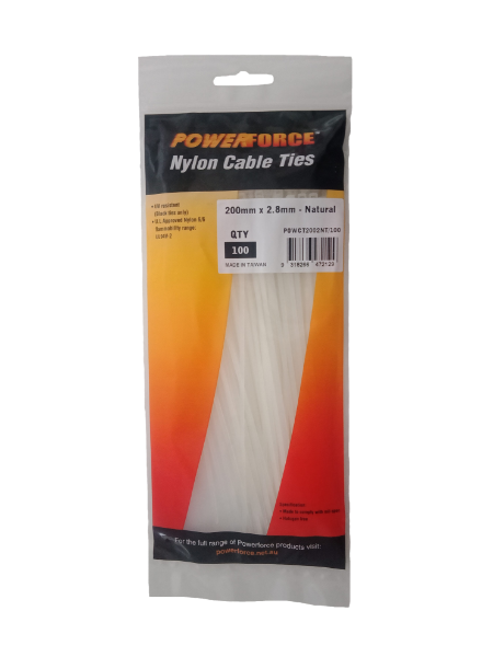 POWCT2002NT-100 - POWERFORCE POWCT2002NT-100 - 2.8 x 200mm Natural Cable Ties Pack of 100 8kgs Tensile Strength