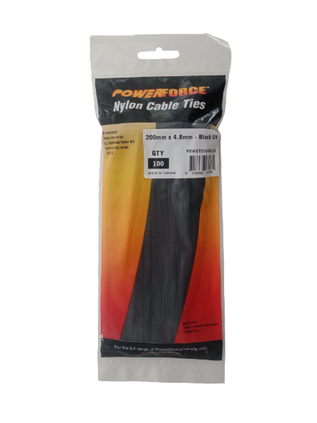POWERFORCE POWCT2004BK-100 - 4.8 x 200mm Black UV Cable Ties Pack of 100 22kgs Tensile Strength