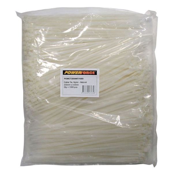 POWERFORCE POWCT2004NT-1000 - 4.8 x 200mm Natural Cable Ties Pack of 1000 22kgs Tensile Strength