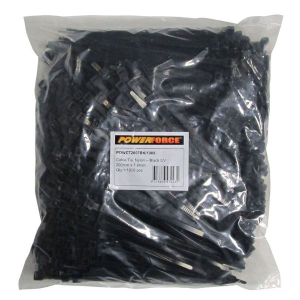 POWERFORCE POWCT2007BK-1000 - 7.6 x 200mm Black UV Cable Ties Pack of 1000 55kgs Tensile Strength