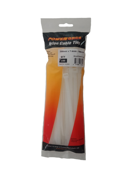 POWCT2007NT-100 - POWERFORCE POWCT2007NT-100 - 7.6 x 200mm Natural Cable Ties Pack of 100 55kgs Tensile Strength