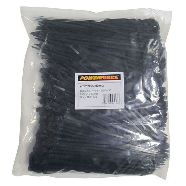 POWERFORCE POWCT2504BK-1000 - 4.8 x 250mm Black UV Cable Ties Pack of 1000 22kgs Tensile Strength
