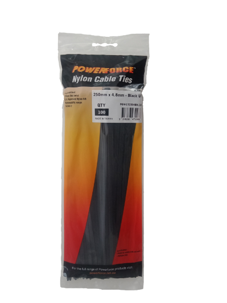 POWERFORCE POWCT2504BK-100 - 4.8 x 250mm Black UV Cable Ties Pack of 100 22kgs Tensile Strength