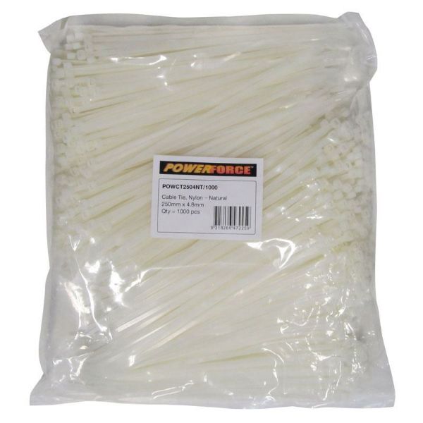 POWERFORCE POWCT2504NT-1000 - 4.8 x 250mm Natural Cable Ties Pack of 1000 22kgs Tensile Strength