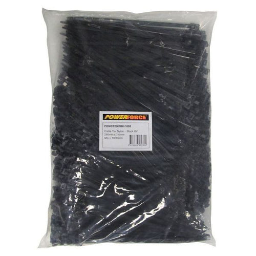 POWCT2807BK-1000 - POWERFORCE POWCT2807BK-1000 - 7.6 x 280mm Black UV Cable Ties Pack of 1000 55kgs Tensile Strength