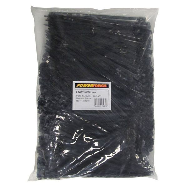 POWERFORCE POWCT2807BK-1000 - 7.6 x 280mm Black UV Cable Ties Pack of 1000 55kgs Tensile Strength