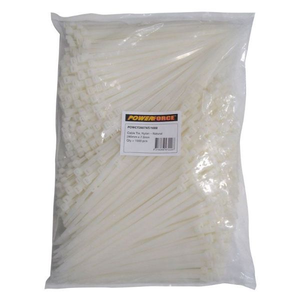 POWERFORCE POWCT2807NT-1000 - 7.6 x 280mm Natural Cable Ties Pack of 1000 55kgs Tensile Strength