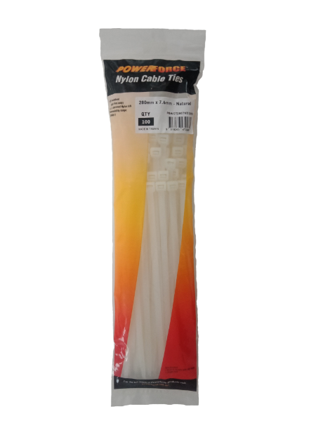 POWERFORCE POWCT2807NT-100 - 7.6 x 280mm Natural Cable Ties Pack of 100 55kgs Tensile Strength