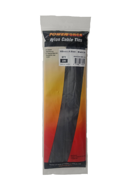 POWERFORCE POWCT3004BK-100 - 4.8 x 300mm Black UV Cable Ties Pack of 100 22kgs Tensile Strength