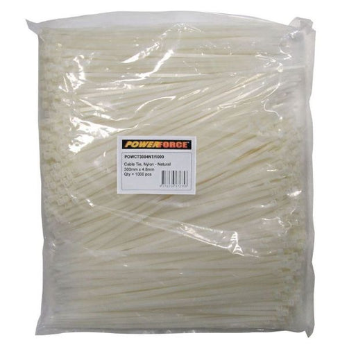 POWCT3004NT-1000 - POWERFORCE POWCT3004NT-1000 - 4.8 x 300mm Natural Cable Ties Pack of 1000 22kgs Tensile Strength