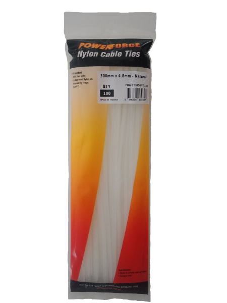 POWERFORCE POWCT3004NT-100 - 4.8 x 300mm Natural Cable Ties Pack of 100 22kgs Tensile Strength