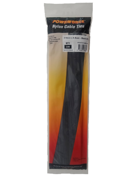 POWCT3704BK-100 - POWERFORCE POWCT3704BK-100 - 4.8 x 370mm Black UV Cable Ties Pack of 100 22kgs Tensile Strength