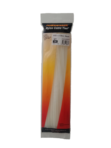 POWCT3704NT-100 - POWERFORCE POWCT3704NT-100 - 4.8 x 370mm Natural Cable Ties Pack of 100 22kgs Tensile Strength