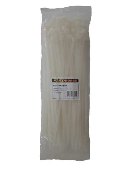 POWERFORCE POWCT3807NT-100 - 7.6 x 380mm Natural Cable Ties Pack of 100 55kgs Tensile Strength