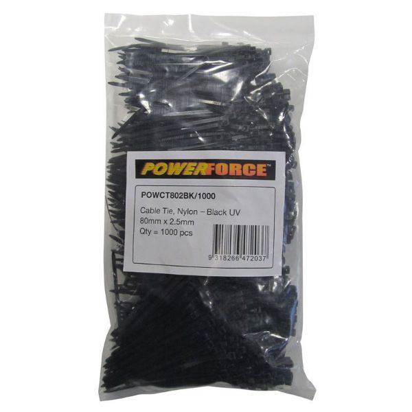 POWERFORCE POWCT802BK-1000 - 2.5 x 80mm Black UV Cable Ties Pack of 1000 8kgs Tensile Strength