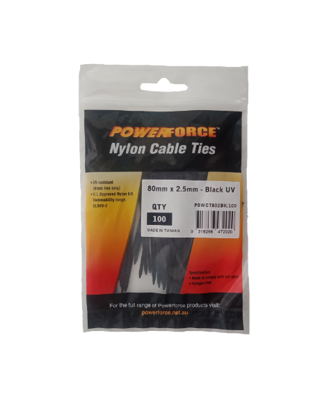 POWCT802BK-100 - POWERFORCE POWCT802BK-100 - 2.5 x 80mm Black UV Cable Ties Pack of 100 8kgs Tensile Strength