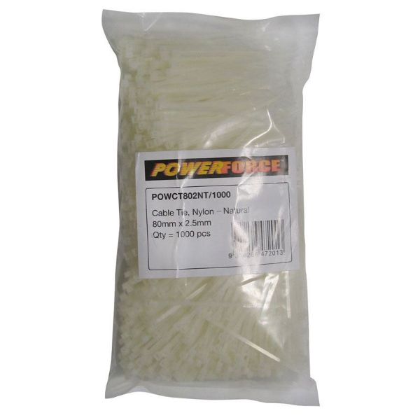 POWERFORCE POWCT802NT-1000 - 2.5 x 80mm Natural Cable Ties Pack of 1000 8kgs Tensile Strength