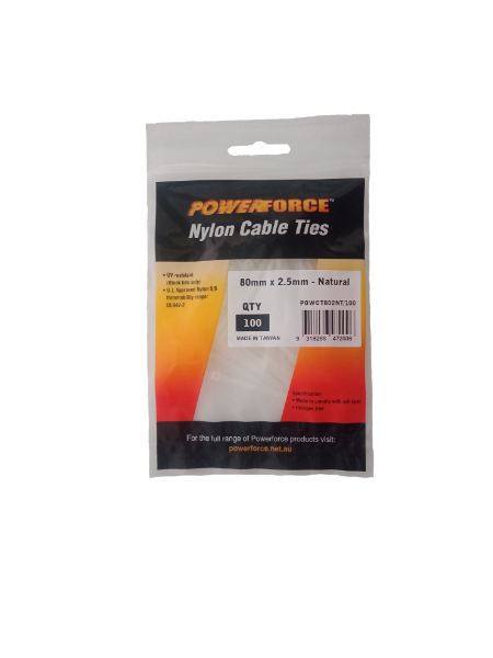 POWERFORCE POWCT802NT-100 - 2.5 x 80mm Natural Cable Ties Pack of 100 8kgs Tensile Strength