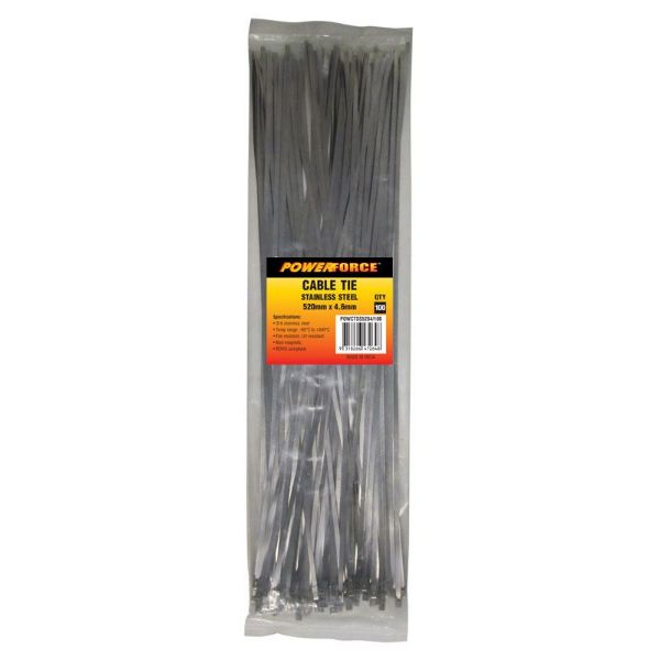 POWERFORCE POWCTSS5204-100 - 4.6 x 520mm 316L Stainless Steel Cable Ties Pack of 100 667N/68kgs Tensile Strength