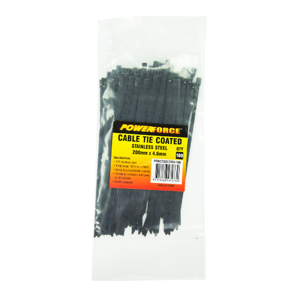 POWERFORCE POWCTSSC2004-100 - 4.6 x 200mm 316L Stainless Steel Cable Ties Pack of 100 667N/68kgs Tensile Strength