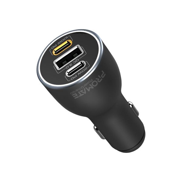 PROMATE POWERDRIVE-120 - 120W PD In-Car Phone Tablet Notebook Charger. Dual USB-C Ports 1x USB-A