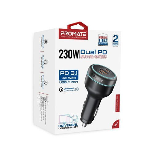 POWERDRIVE-230 - PROMATE POWERDRIVE-230 - 230W RapidCharge Car Charger w/ Dual PD & QC Ports. 140W & 45W PD for Notebooks