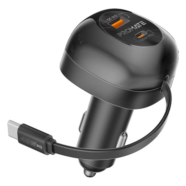 PROMATE POWERDRIVE-RC65 - 62W PD In-Car Phone Charger Retractable 80cm USB-C Cable. 45W PD USB-C Connector 36W PD