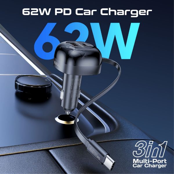 PROMATE POWERDRIVE-RC65 - 62W PD In-Car Phone Charger Retractable 80cm USB-C Cable. 45W PD USB-C Connector 36W PD