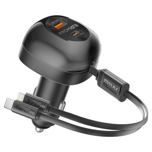 POWERDRIVE-RCI81 - PROMATE POWERDRIVE-RCI81 - 81W Multi-Port In-Car Phone Charger with Retractable USB-C Lightning Cables. Supports 45W