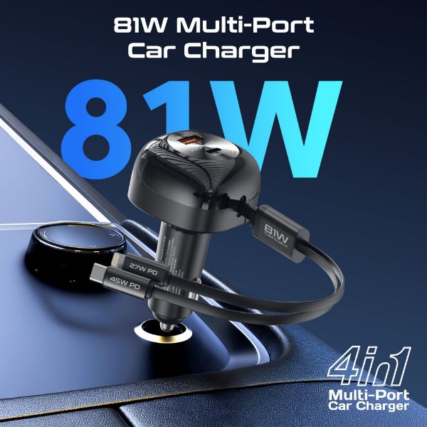 PROMATE POWERDRIVE-RCI81 - 81W Multi-Port In-Car Phone Charger with Retractable USB-C Lightning Cables. Supports 45W