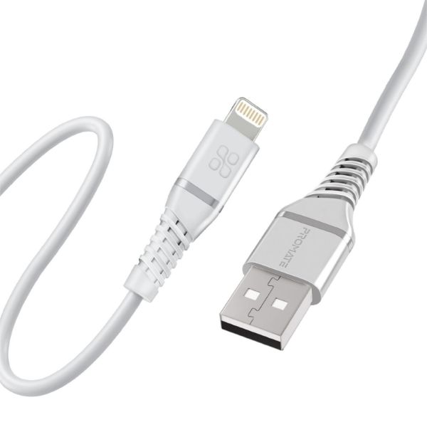 PROMATE POWERLINEAI120WH - 1.2m MFI Certified USB-A to Lightning Data & Charge Cable White