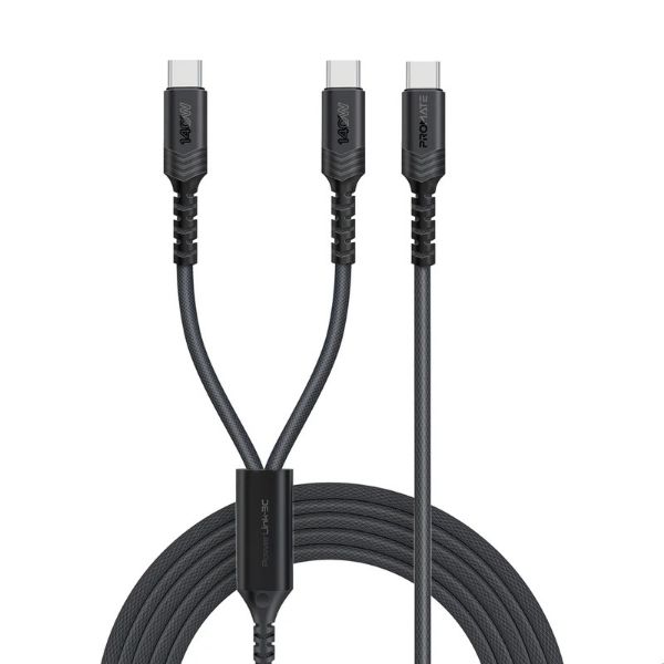 PROMATE POWERLINK-3C-BLK - 1.4M 140W PD USB-C to Dual USB-C Charging Cable. Black