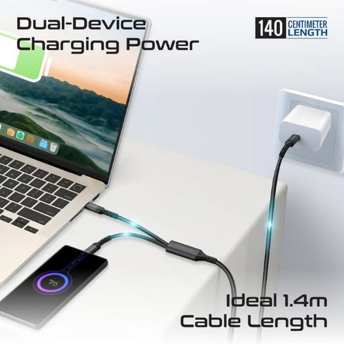POWERLINK-3C-BLK - PROMATE POWERLINK-3C-BLK - 1.4M 140W PD USB-C to Dual USB-C Charging Cable. Black