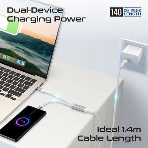 POWERLINK-3C-WHT - PROMATE POWERLINK-3C-WHT - 1.4M 140W PD USB-C to Dual USB-C Charging Cable. White