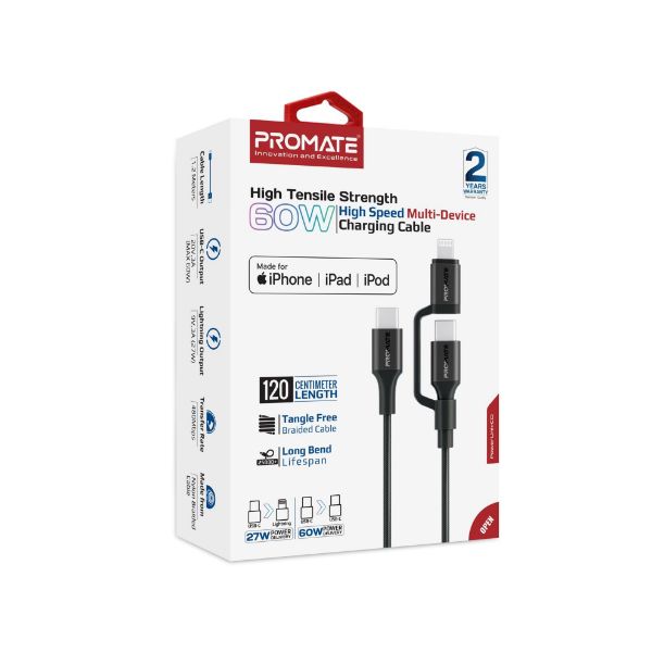 PROMATE POWERLINK-CCI-BK - 1.2m 60w MFi Certified 2-in-1 USB-C Sync & Charge 1x USB-C & 1x Lightning